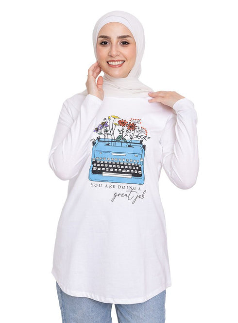 White Printed Long - Sleeve Design 23 - Khotwh